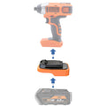 AEG 18V to Black and Decker 20V battery adapter - compatibility diagram showing battery, adapter and impact driver
