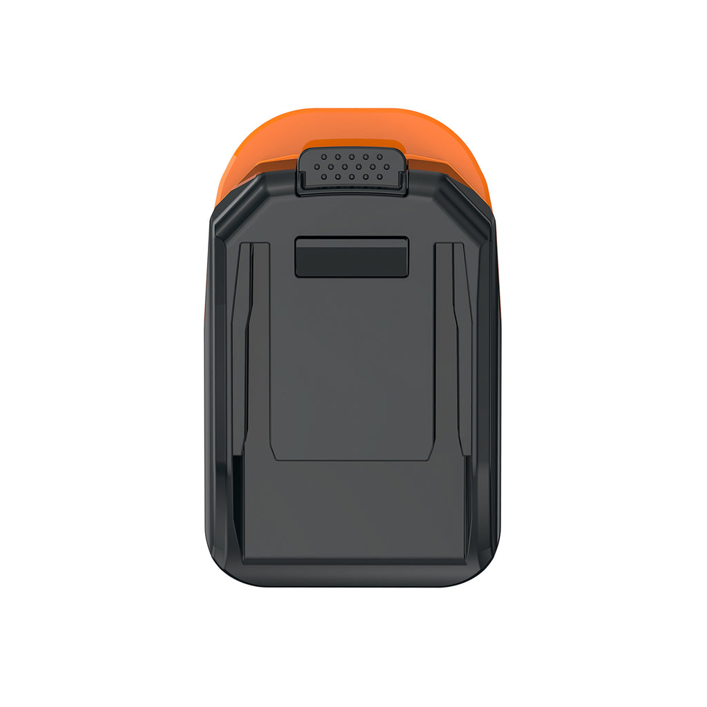 AEG 18V to WORX 20V PowerShare (Orange) battery adapter - tool-side face straight on, guide channels and release button