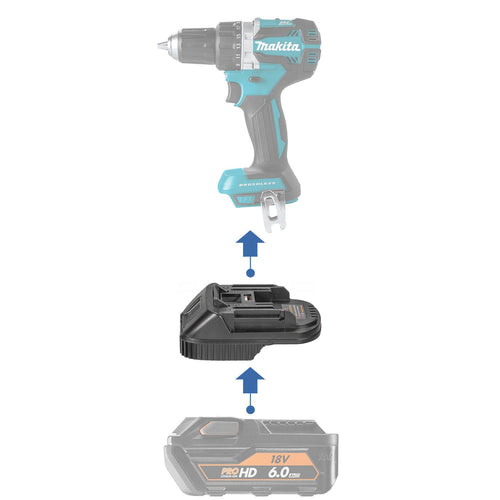 AEG 18V to Makita 18V LXT battery adapter - compatibility diagram showing battery, adapter and drill driver