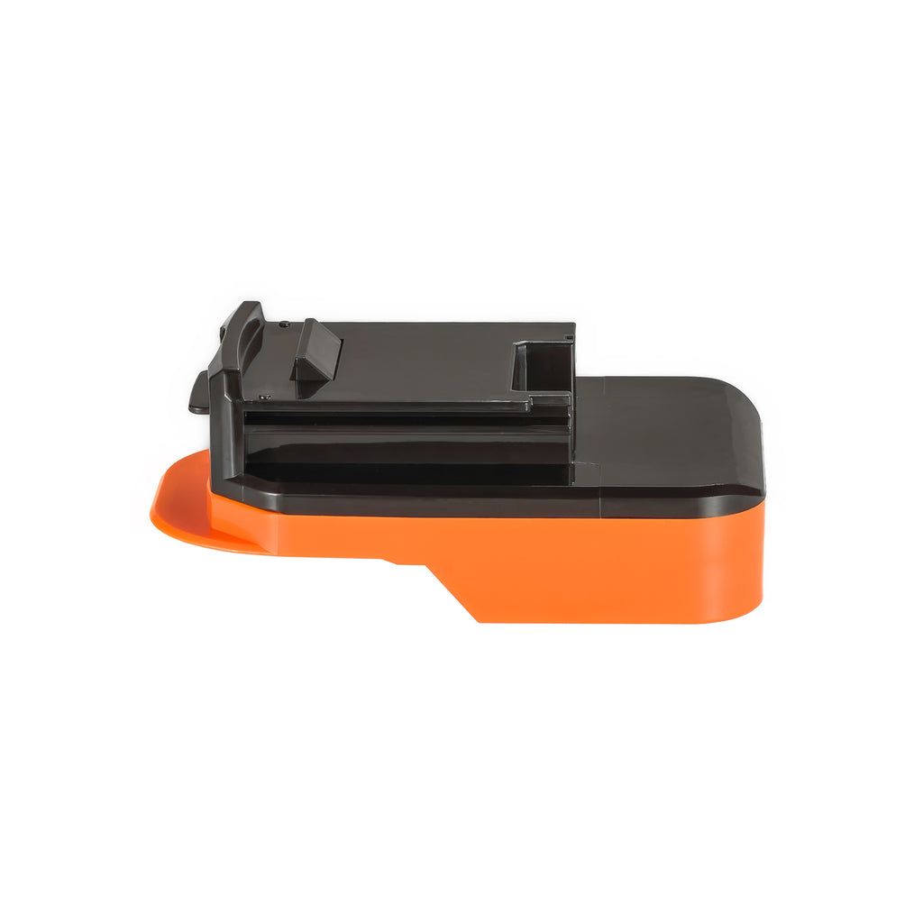 AEG 18V to Porter Cable 18V Ni-Cd battery adapter - side view showing both connections, black side above the orange base