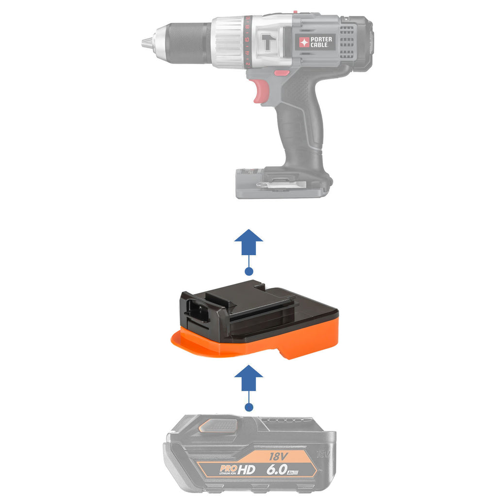 AEG 18V to Porter Cable 18V Ni-Cd battery adapter - compatibility diagram showing battery, adapter and hammer drill
