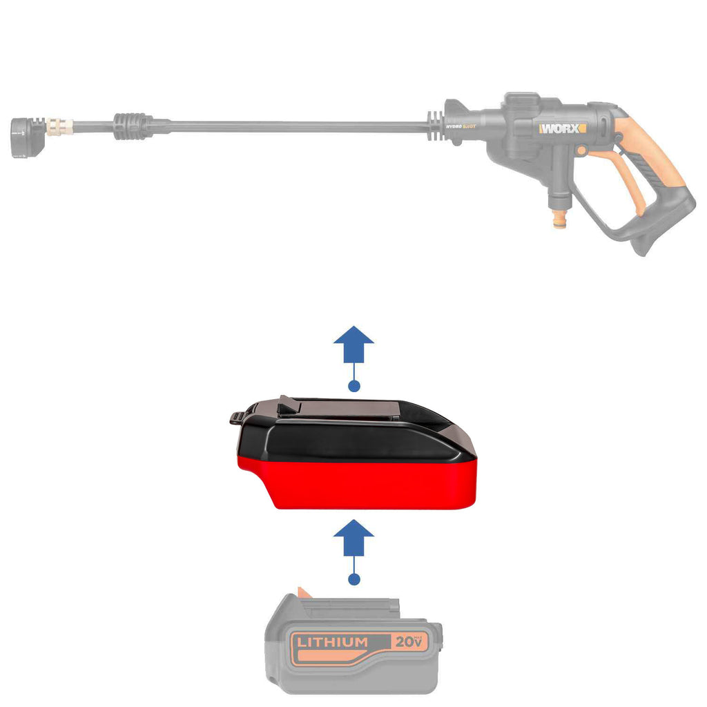 Black and Decker 20V to WORX 20V PowerShare (Orange) battery adapter - compatibility diagram with pressure washer