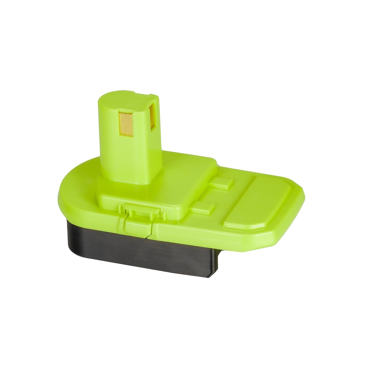 Bosch 18V GBA (Blue) to Ryobi 18V ONE+ battery adapter - green shell over the black base, Ryobi tool-side post and latch