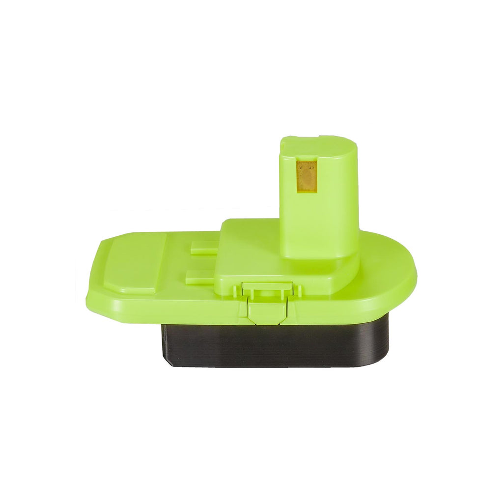 Bosch 18V GBA (Blue) to Ryobi 18V ONE+ battery adapter - side view showing both connections, green shell over black base