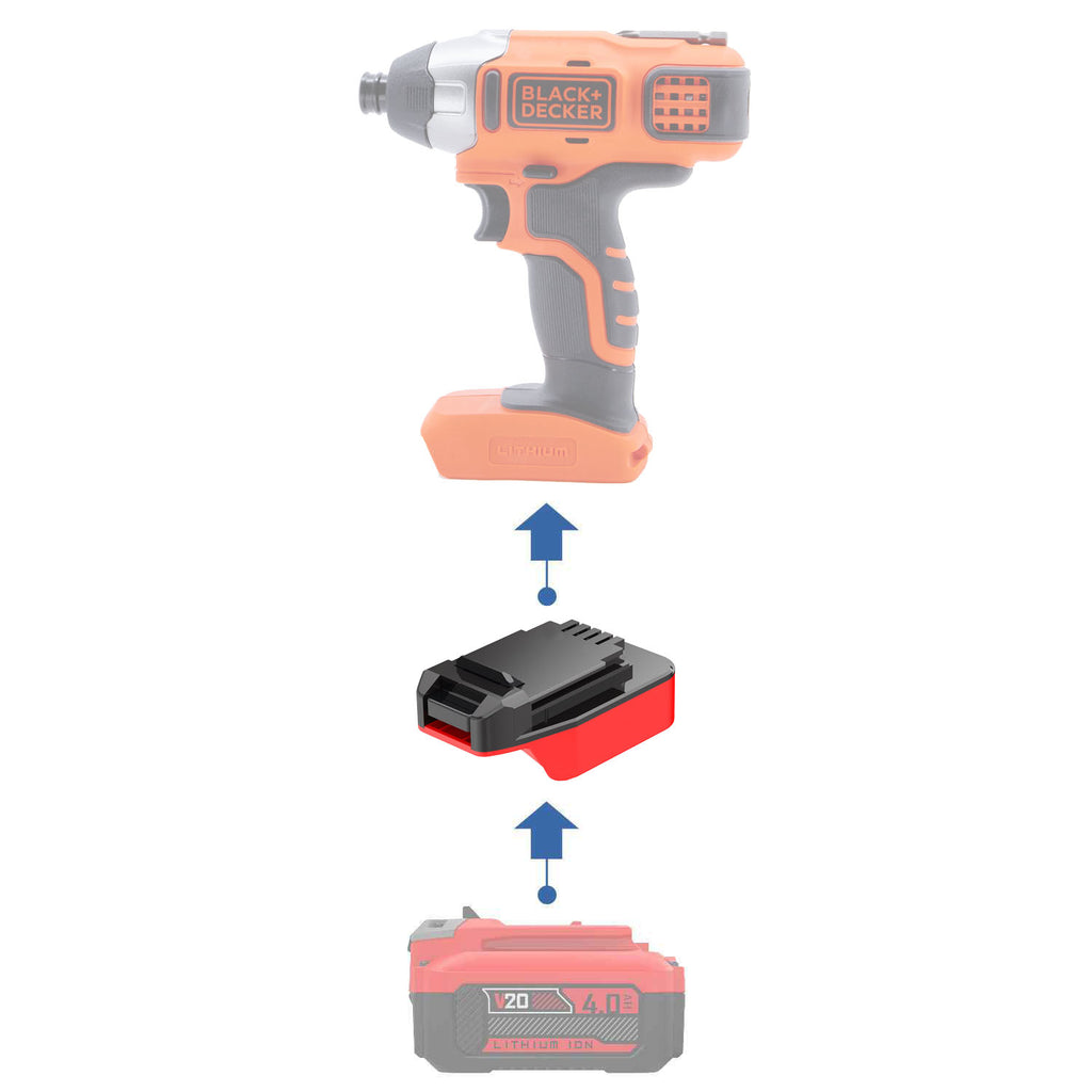 Craftsman 20V to Black and Decker 20V battery adapter - compatibility diagram showing battery, adapter and impact driver