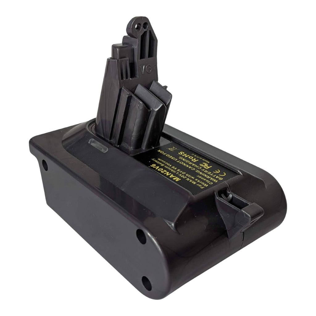 Craftsman 20V to Dyson V6 battery adapter - Dyson tool-side stem with its contact slots, warning label alongside