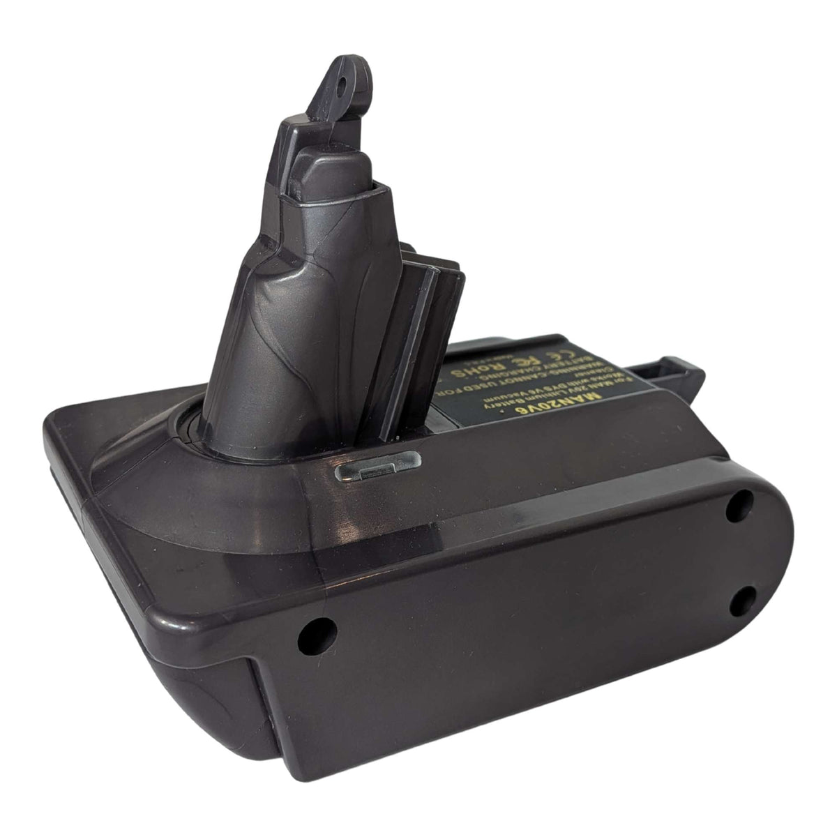 Craftsman 20V to Dyson V6 battery adapter - Dyson tool-side stem with its contact slots, warning label alongside