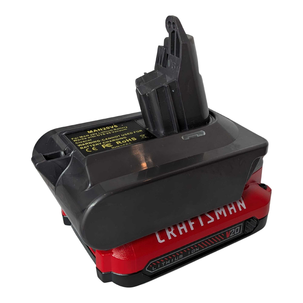 Craftsman 20V to Dyson V6 battery adapter - fitted to the Craftsman 20V battery, Dyson tool-side stem upward