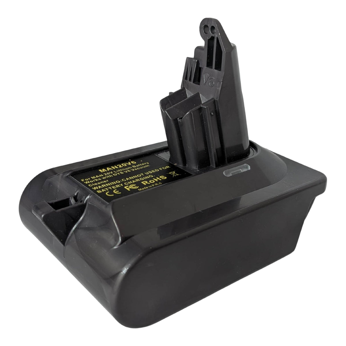Craftsman 20V to Dyson V6 battery adapter - Dyson tool-side stem with its contact slots, warning label alongside