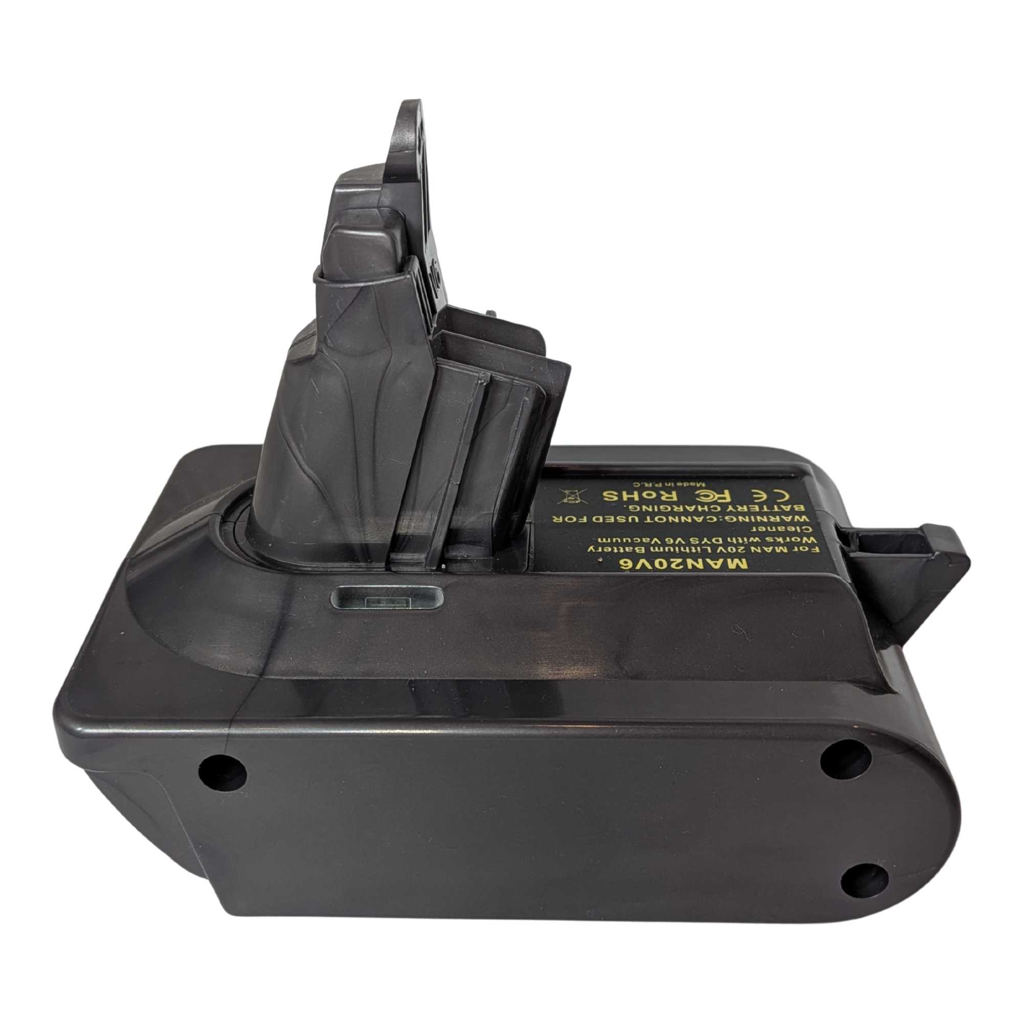 Craftsman 20V to Dyson V6 battery adapter - side view, Dyson tool-side stem with the release catch