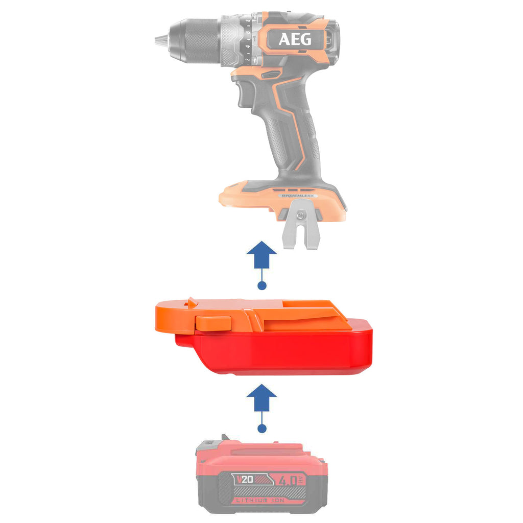 Craftsman 20V to AEG 18V battery adapter - compatibility diagram showing battery, adapter and drill driver