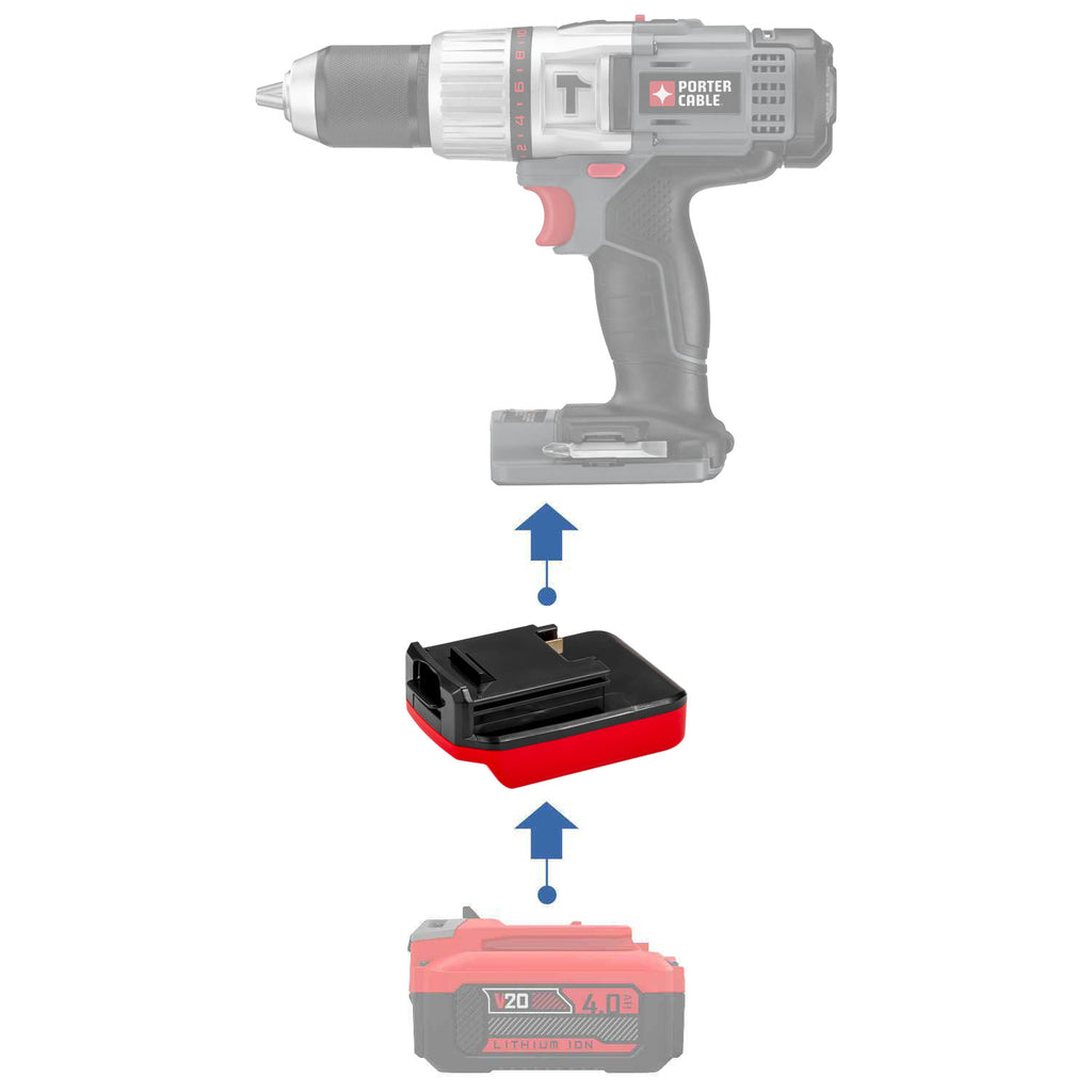 Craftsman 20V to Porter Cable 18V Ni-Cd battery adapter - compatibility diagram showing battery, adapter and hammer drill
