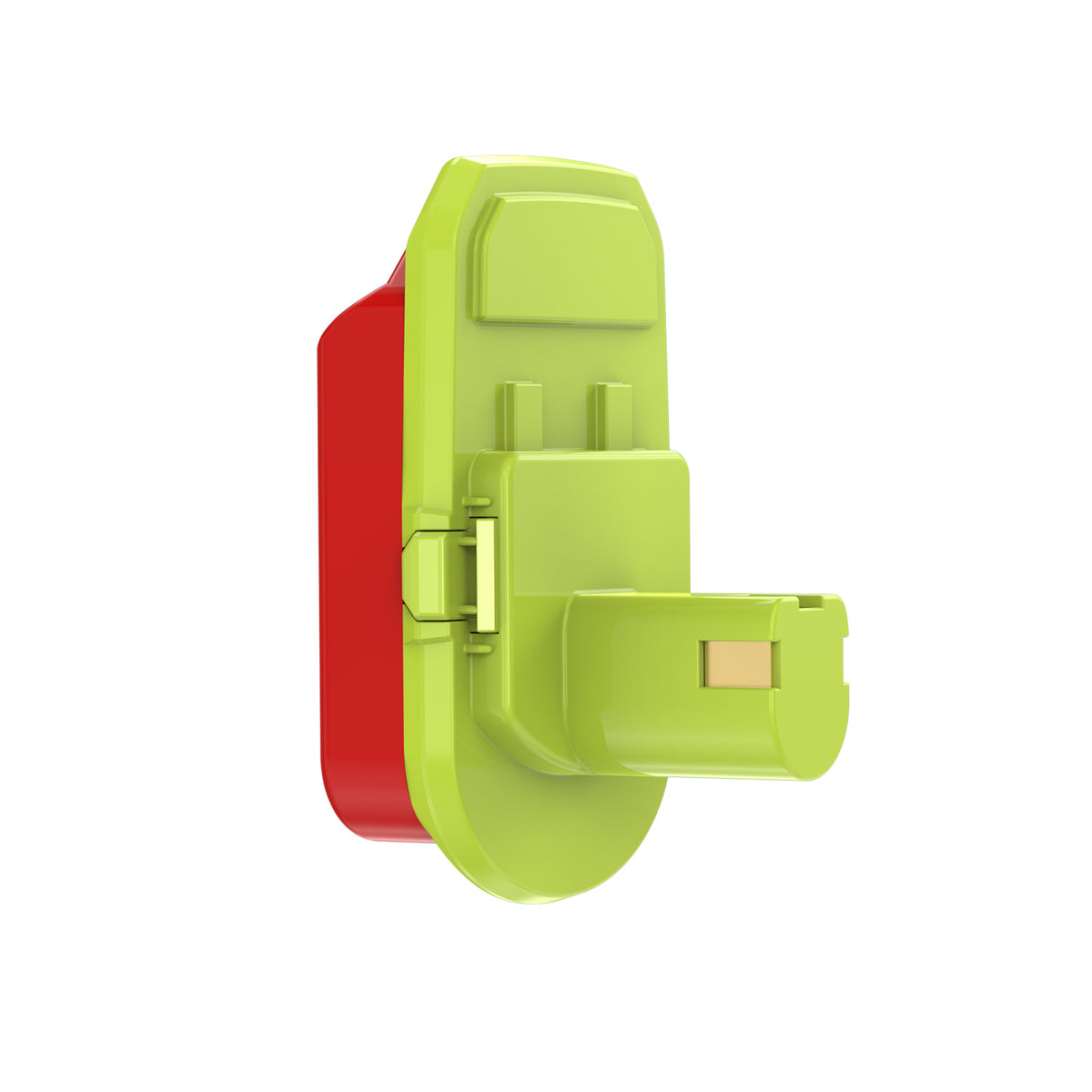 Craftsman 20V to Ryobi 18V ONE+ battery adapter - side view, green tool side over the red battery-side body