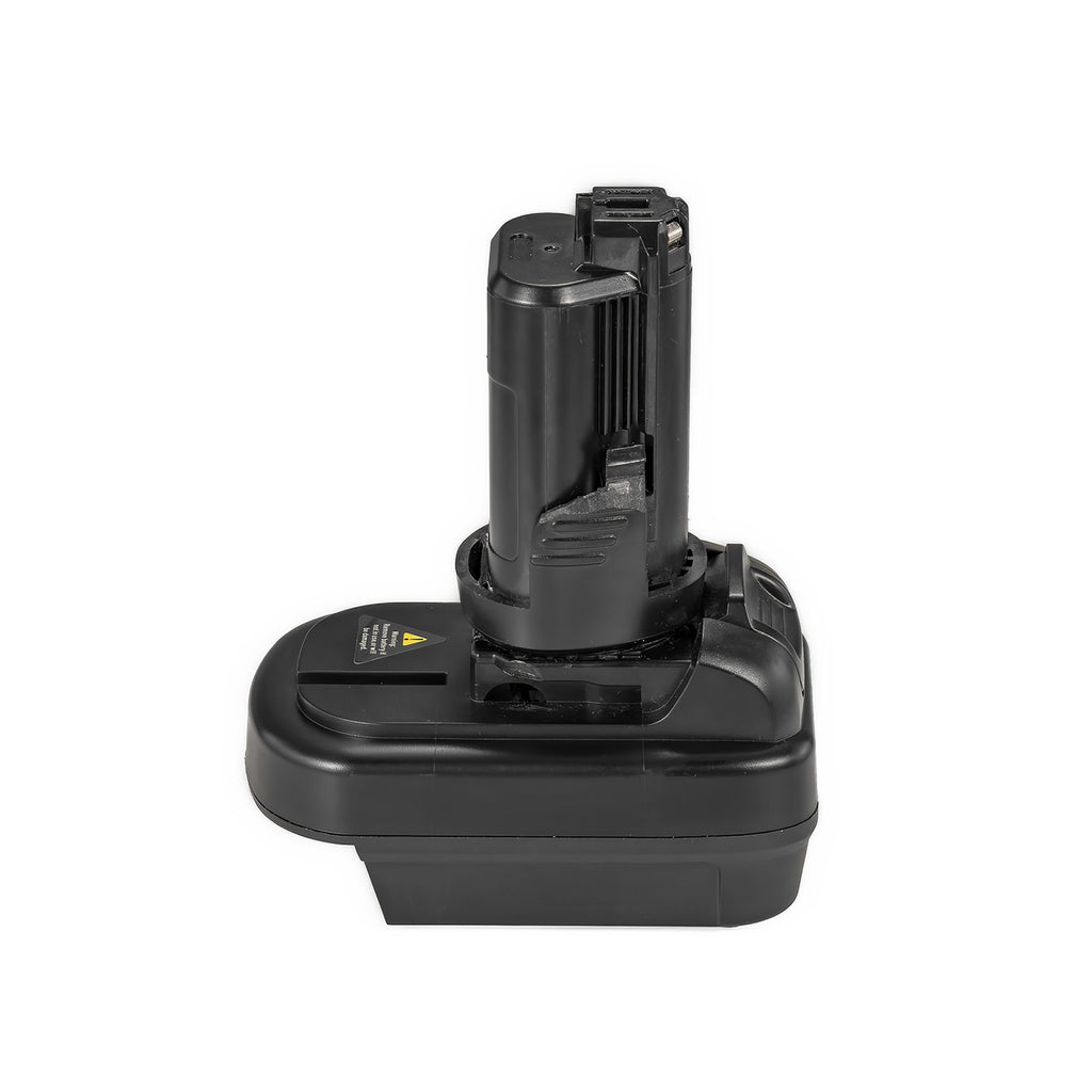 DeWalt 20V MAX to Bosch 12V battery adapter - front view, tool-side stem centred above the body