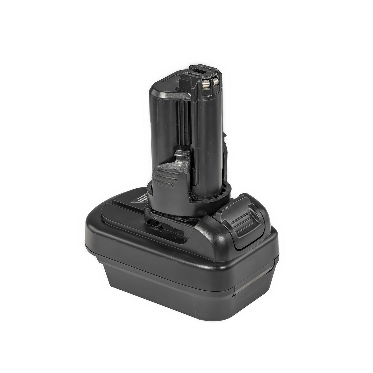 DeWalt 20V MAX to Dremel 12V 8220/8250 battery adapter - tool-side stem above the body, ribbed release catch at the side