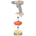 DeWalt 20V MAX to AEG 18V battery adapter - compatibility diagram showing battery, adapter and drill driver