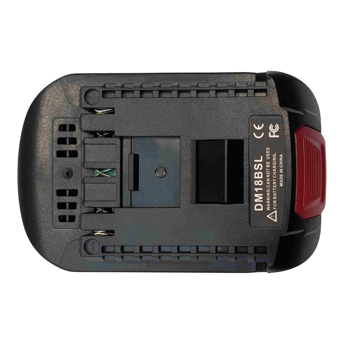 DeWalt 20V MAX to Bosch 18V GBA (Blue) battery adapter - plan view of the tool-side connection, rails and terminal slots