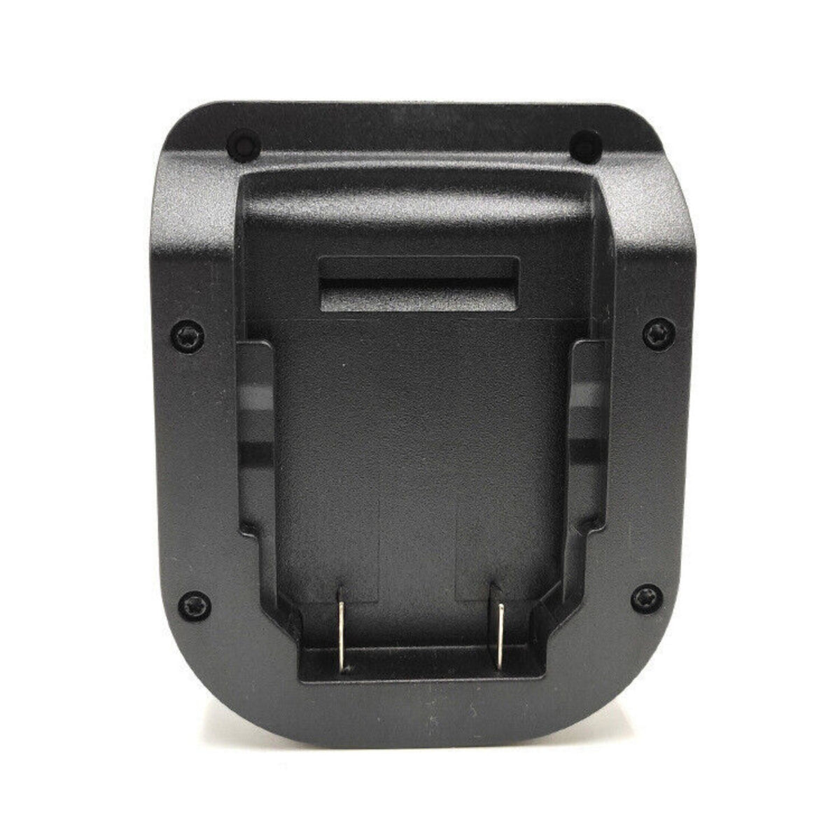 DeWalt 20V MAX to CAT 18V battery adapter - top view of the battery-side connection, rail channel with twin blade terminals