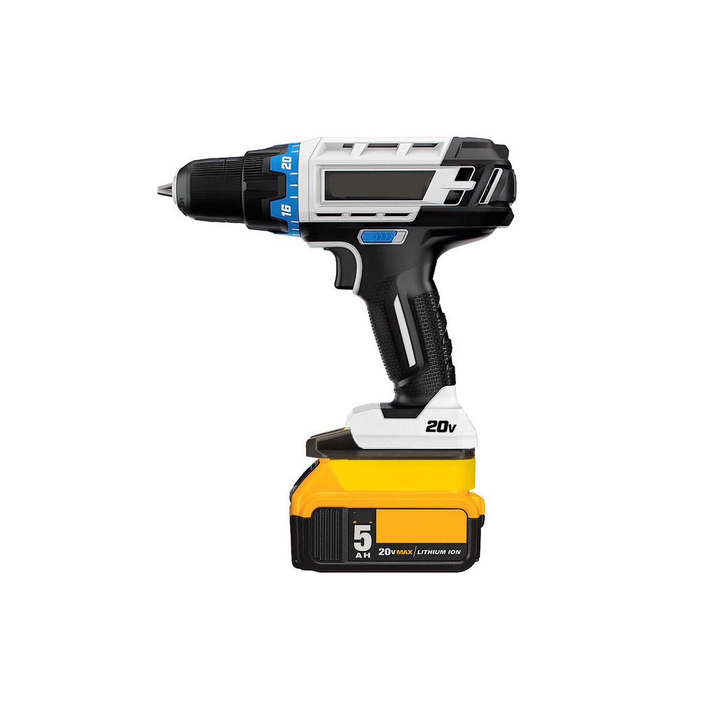 DeWalt 20V MAX to Hart 20V battery adapter - installed on a drill driver, battery fitted below
