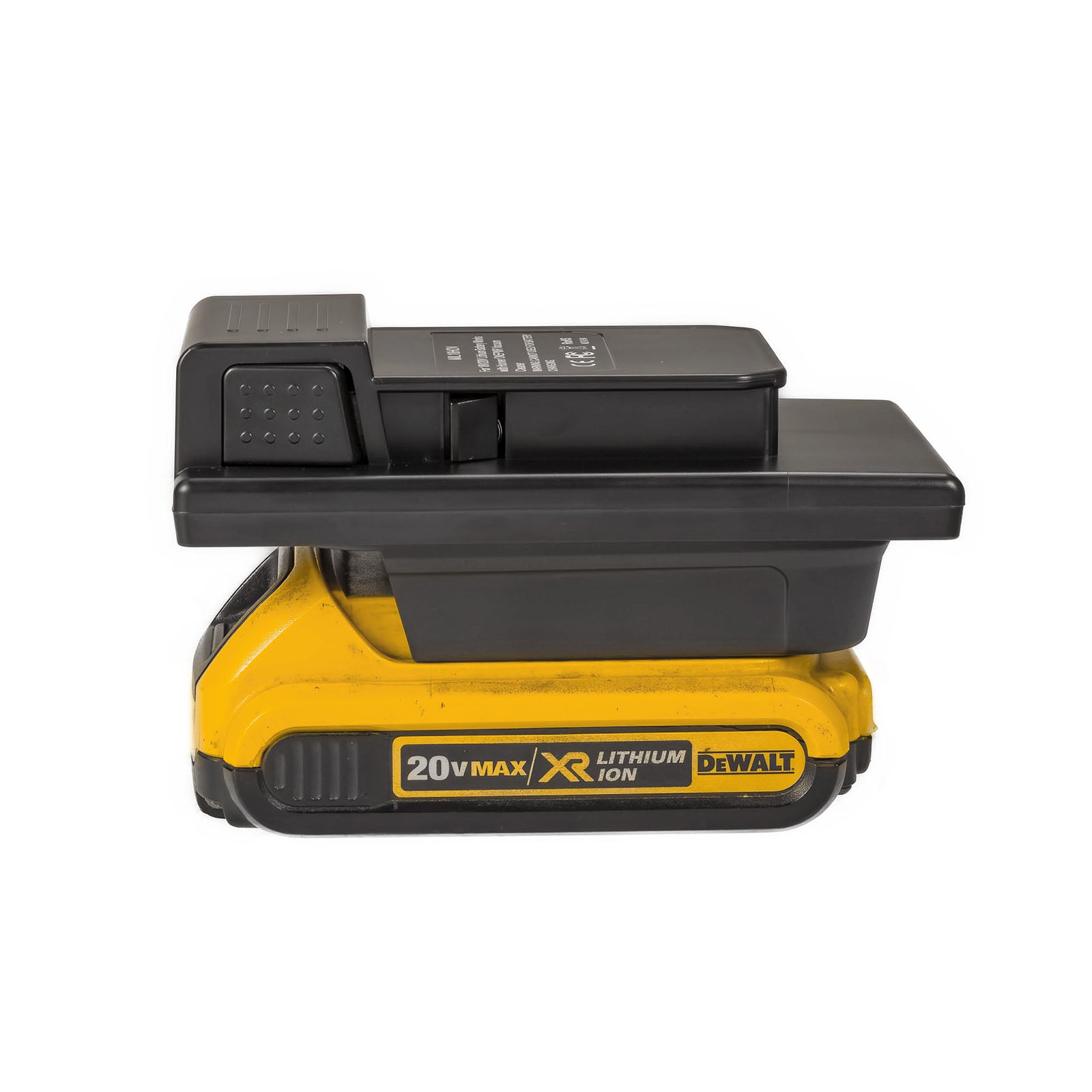 DeWalt 20V MAX to Hoover 20V ONEPWR battery adapter - fitted to the DeWalt 20V MAX battery, tool-side plate facing upward