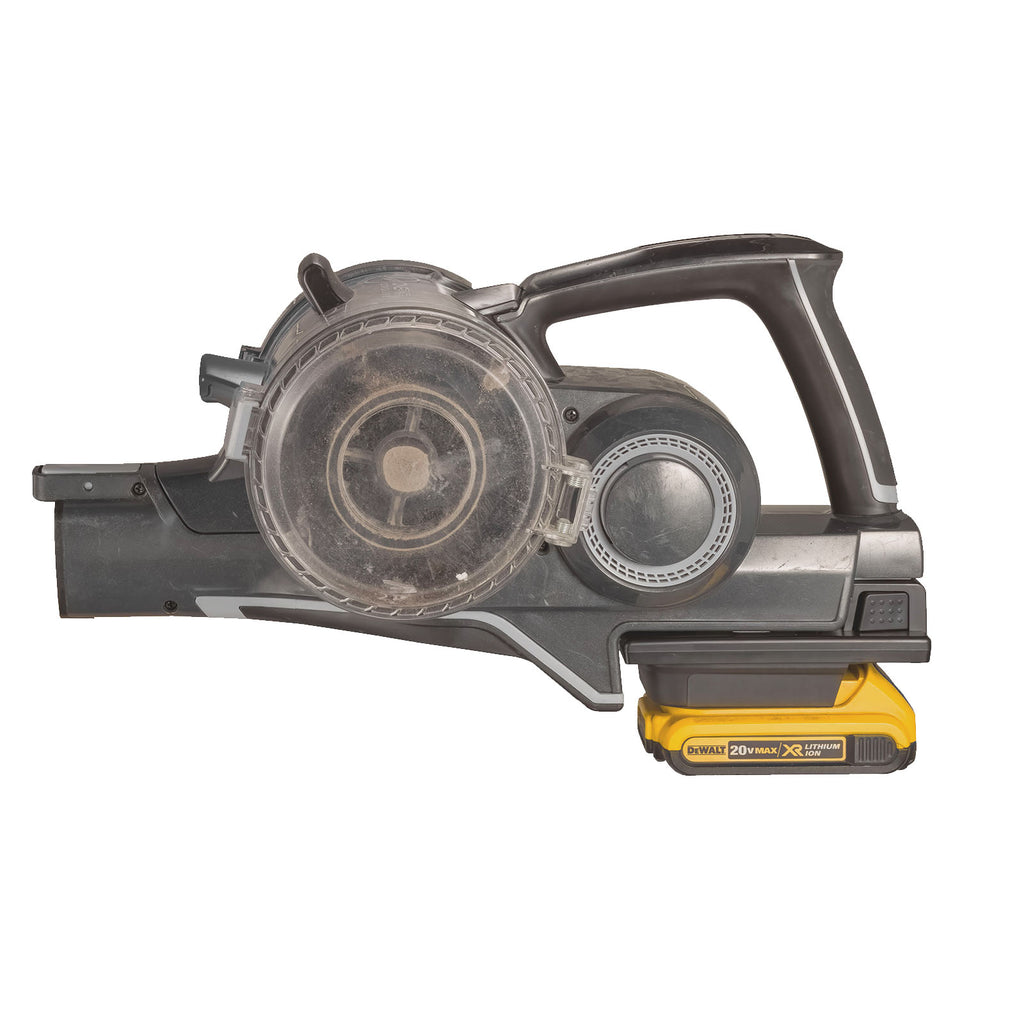 DeWalt 20V MAX to Hoover 20V ONEPWR battery adapter - installed on a cordless vacuum with the battery fitted, side view