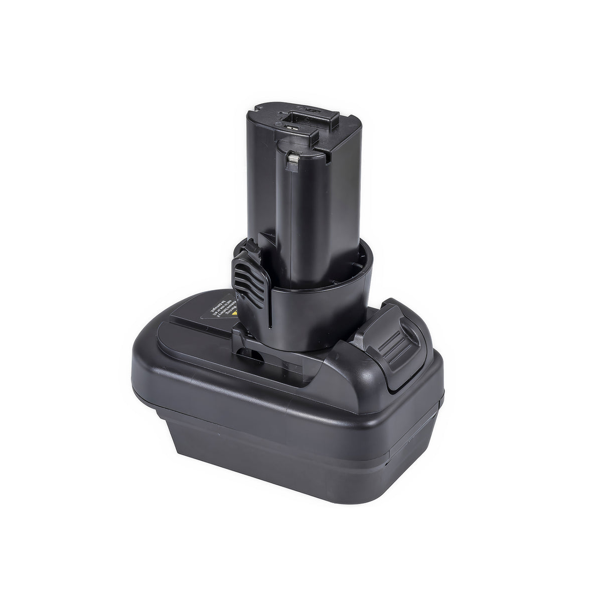 DeWalt 20V MAX to Makita 10.8V CXT battery adapter - Makita tool-side post upward, ribbed pad recessed in the base corner