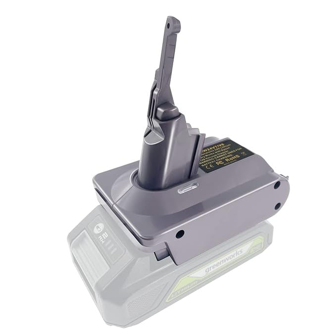 Greenworks 24V to Dyson V7 battery adapter - fitted to the Greenworks 24V battery, Dyson tool-side post upward