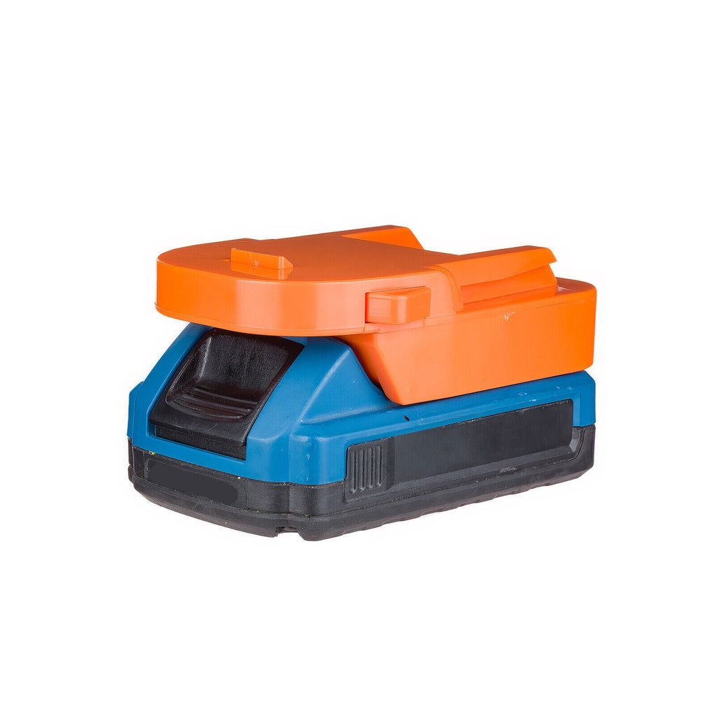 Hercules 20V to AEG 18V battery adapter - seated on a battery pack, AEG tool-side rails upward