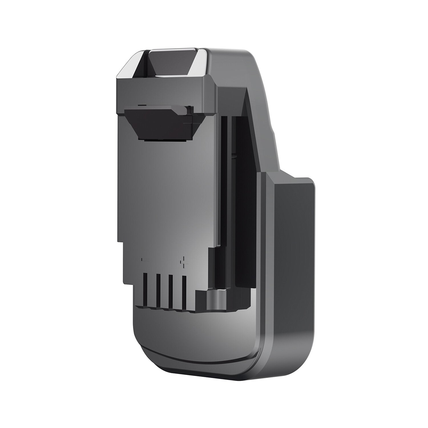 Makita 18V LXT to Black and Decker 20V battery adapter - front view of the tool-side connection and its polarity marks