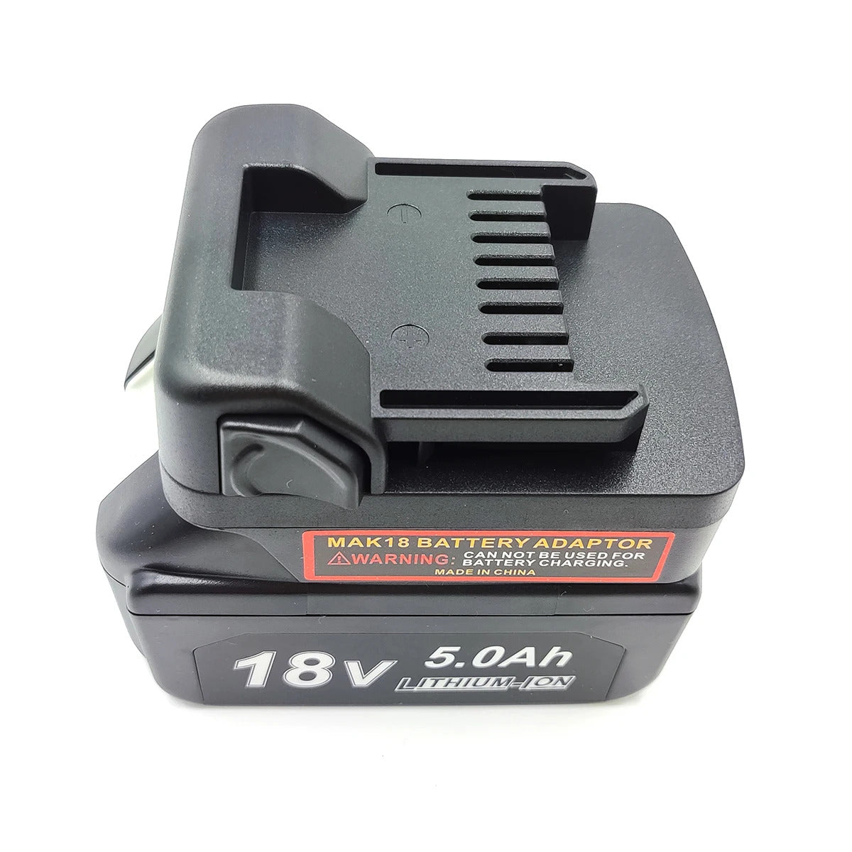 Makita 18V LXT to Hikoki 18V battery adapter - fitted to the Makita 18V LXT battery, Hikoki tool-side connection upward