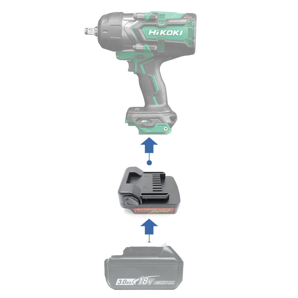Makita 18V LXT to Hikoki 18V battery adapter - compatibility diagram showing battery, adapter and impact wrench