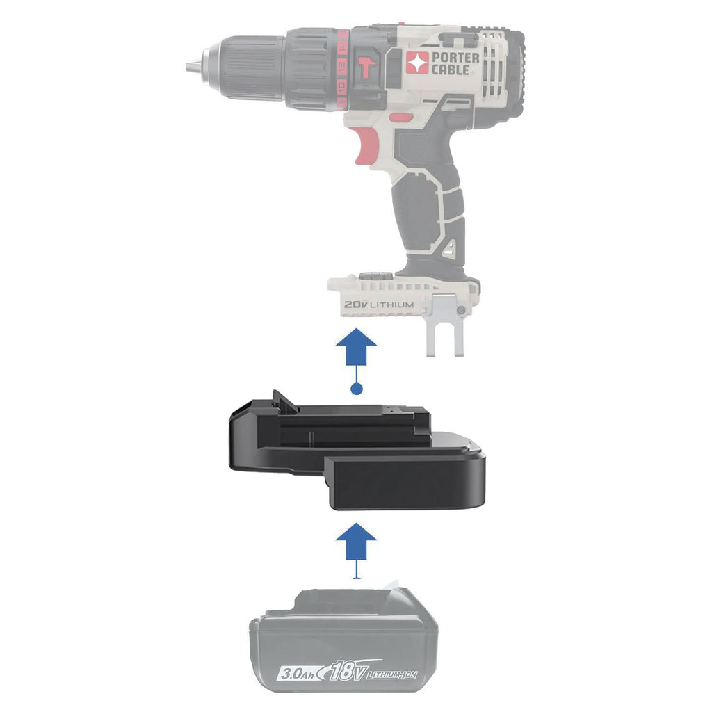 Makita 18V LXT to Porter Cable 20V battery adapter - compatibility diagram showing battery, adapter and cordless drill