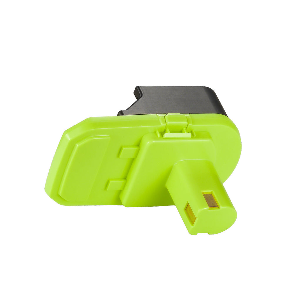 Hikoki 18V to Ryobi 18V ONE+ battery adapter - Ryobi tool-side stem with two copper terminal slots and the release latch