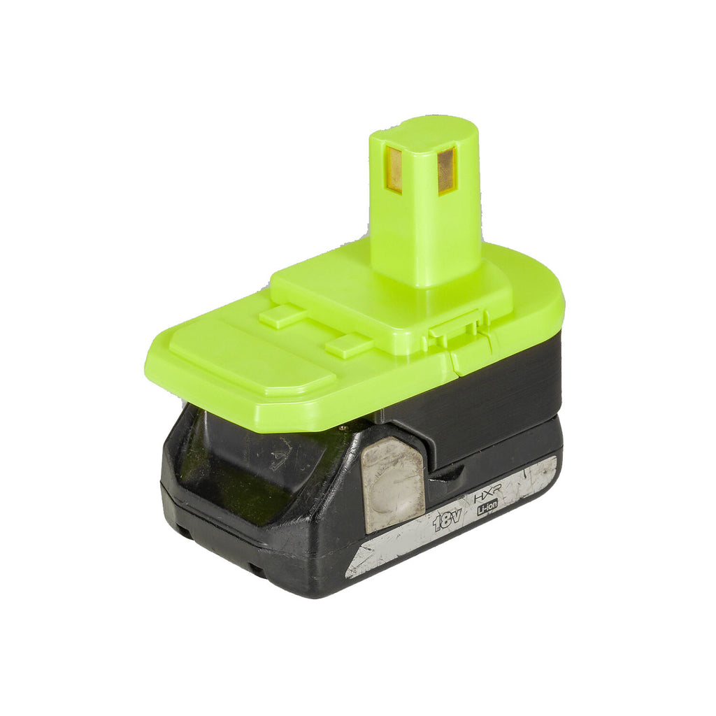 Hikoki 18V to Ryobi 18V ONE+ battery adapter - fitted to the Hikoki 18V battery, tool-side stem and latch upward