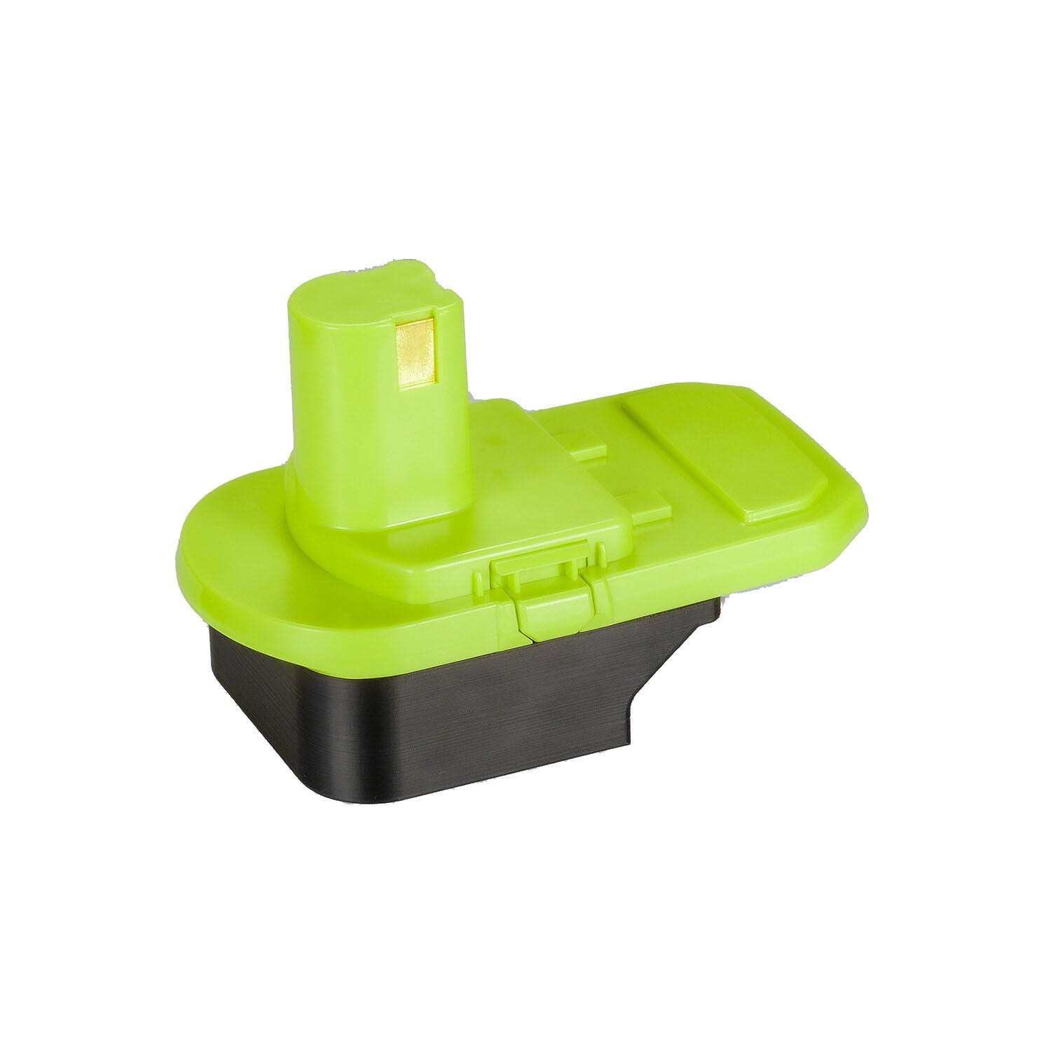 Hikoki 18V to Ryobi 18V ONE+ battery adapter - three-quarter view, Ryobi tool-side stem above the battery-side base