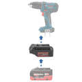 Metabo CAS 18V to Bosch 18V GBA (Blue) battery adapter - compatibility diagram showing battery, adapter and drill driver
