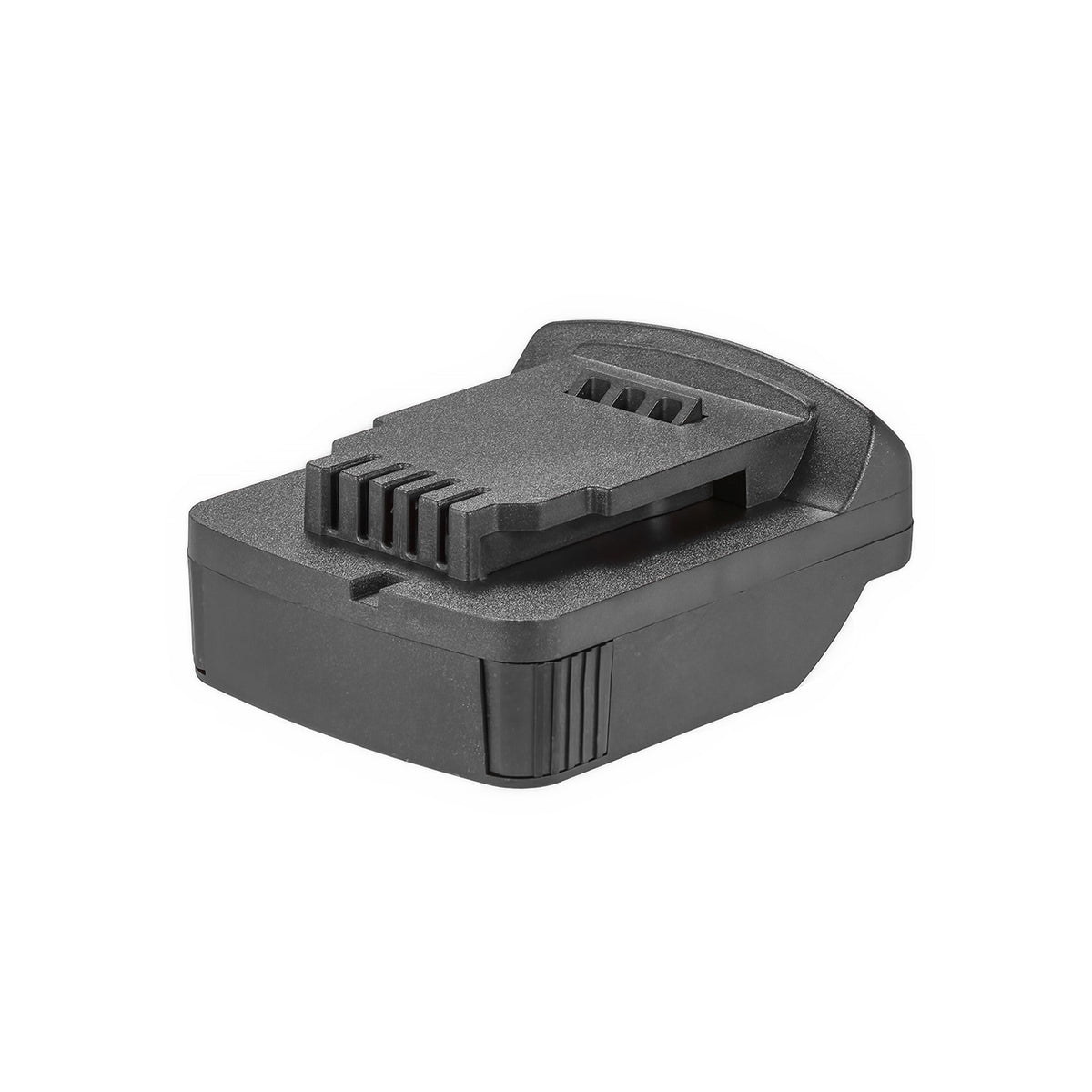 Metabo CAS 18V to DeWalt 20V MAX battery adapter - angled view of the DeWalt tool-side connection with its ribbed rail