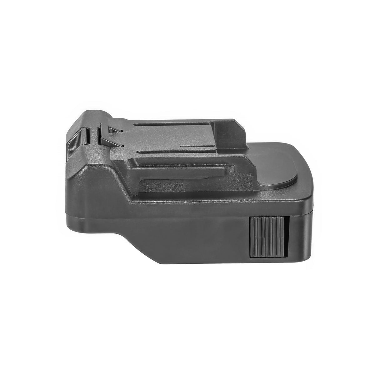 Metabo CAS 18V to Makita 18V LXT battery adapter - side view of the Makita tool-side connection, rails and terminal block