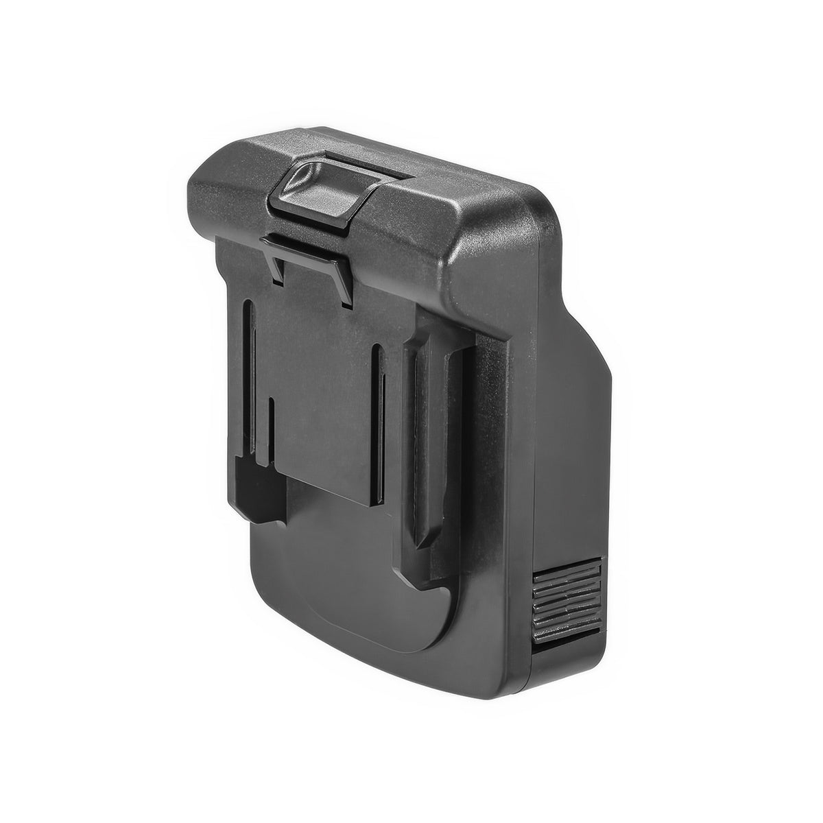 Metabo CAS 18V to Makita 18V LXT battery adapter - Makita tool-side connection viewed head-on, release button above the rails
