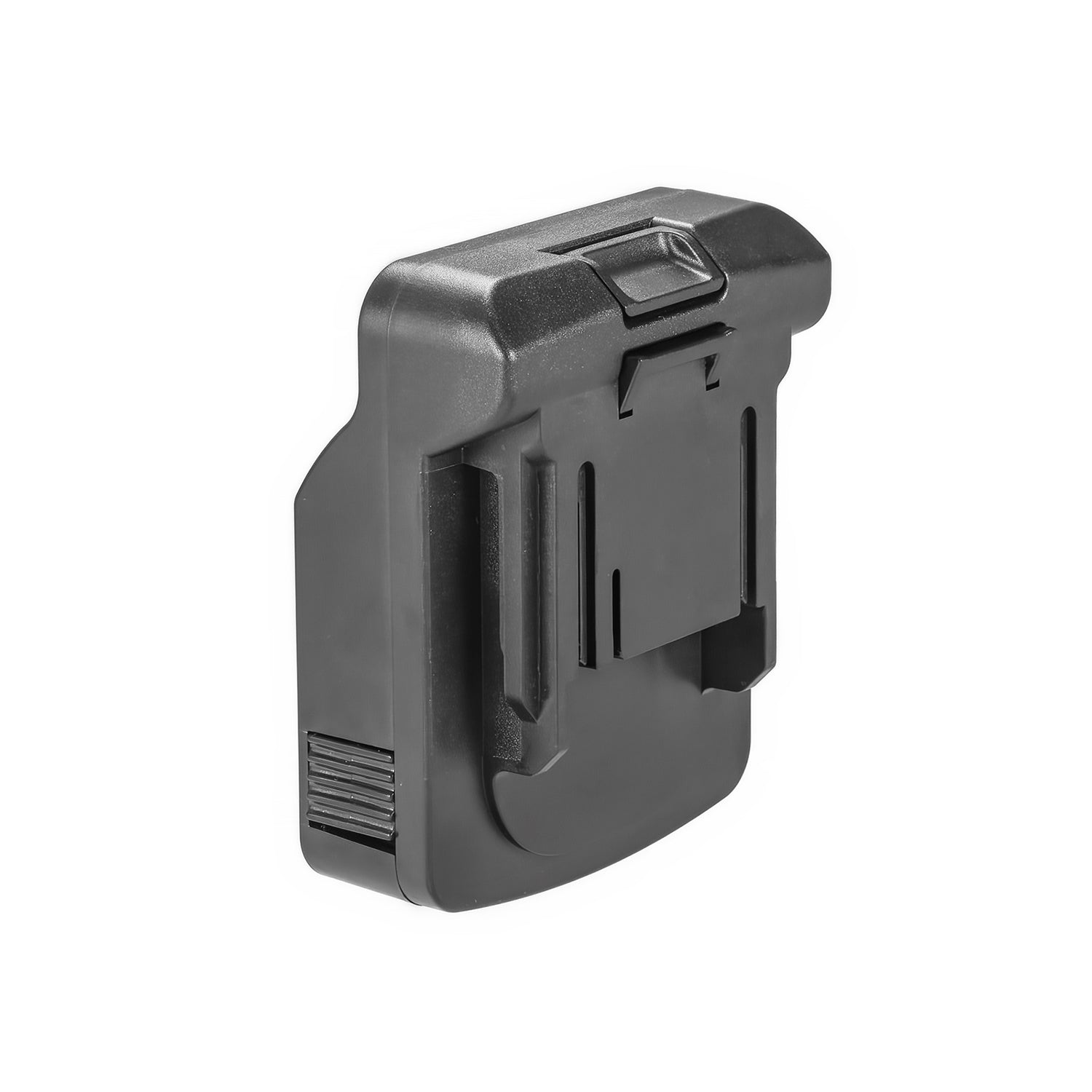 Metabo CAS 18V to Makita 18V LXT battery adapter - Makita tool-side connection viewed head-on, release button above the rails