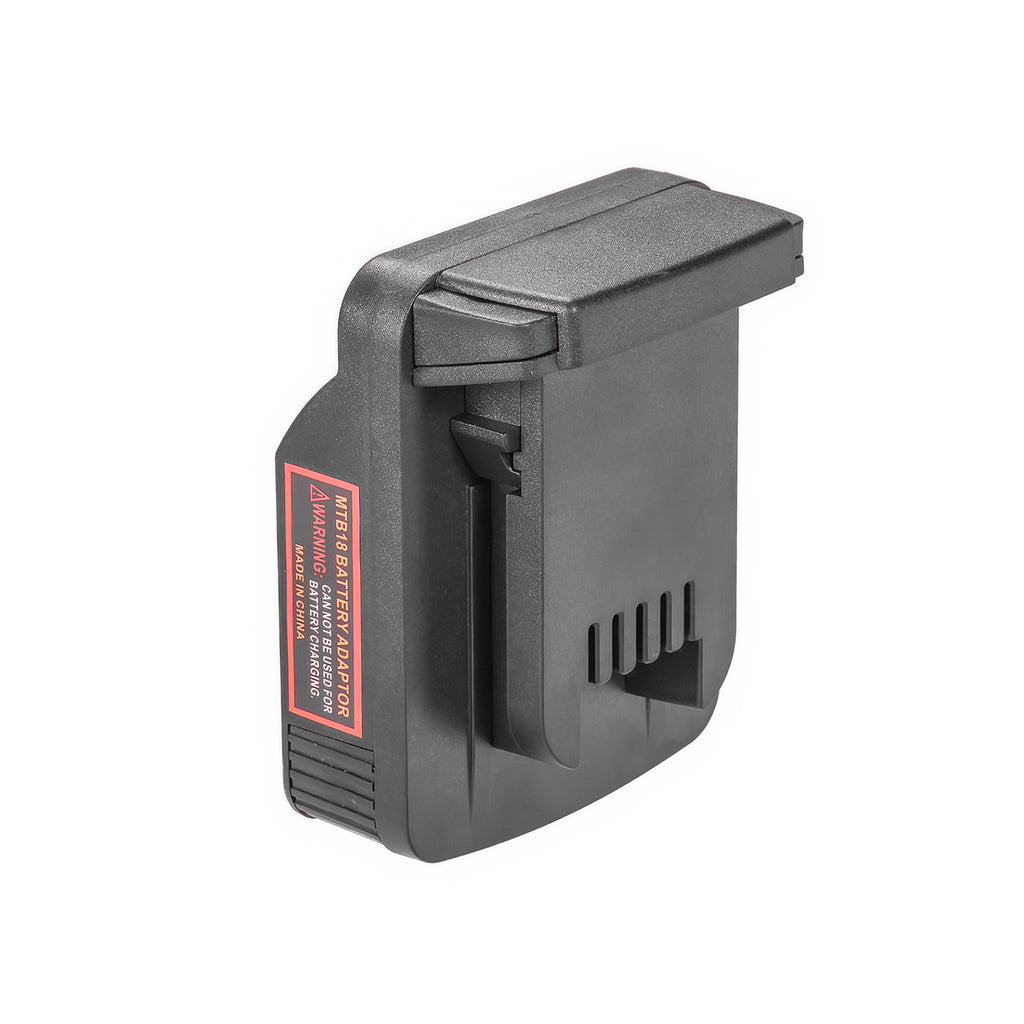 Metabo CAS 18V to Milwaukee M18 battery adapter - Milwaukee tool-side connection, row of terminal slots, warning label