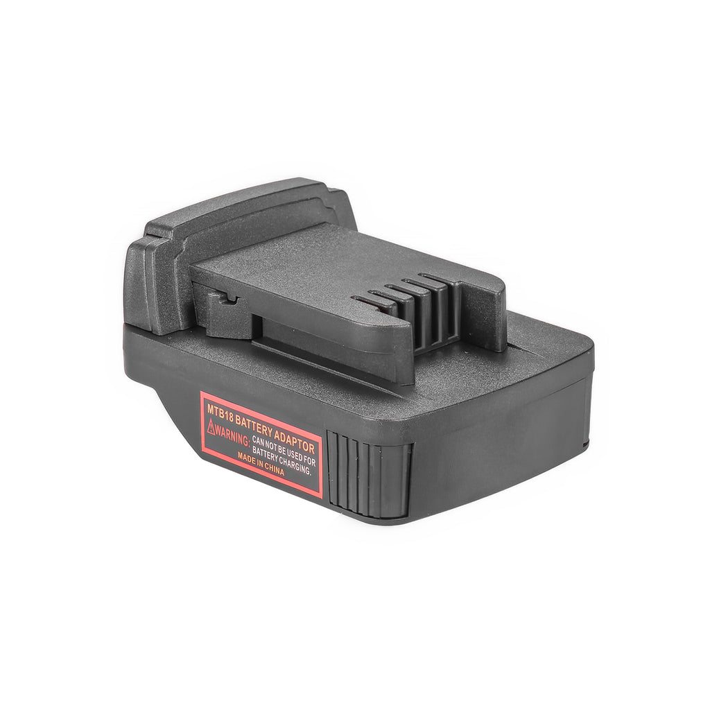 Metabo CAS 18V to Milwaukee M18 battery adapter - Milwaukee tool-side connection, raised rail, terminal slots, warning label