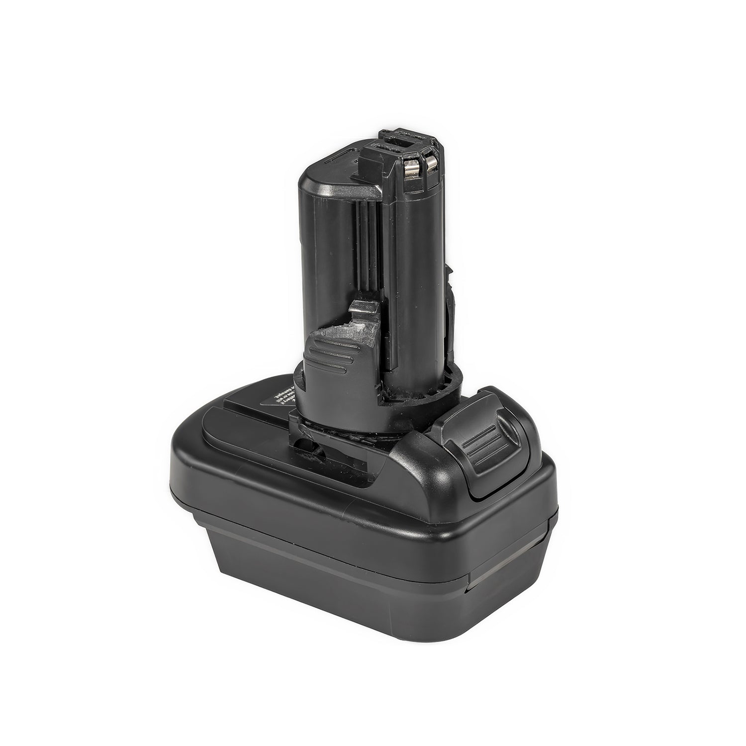 Milwaukee M18 to Bosch 12V battery adapter - tool-side stem above the body, ribbed release catch at the side