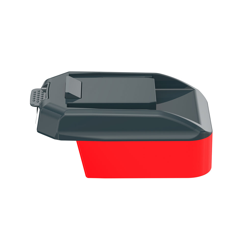 Milwaukee M18 to WORX 20V PowerShare (Orange) battery adapter - side view, WORX tool-side connection and release button