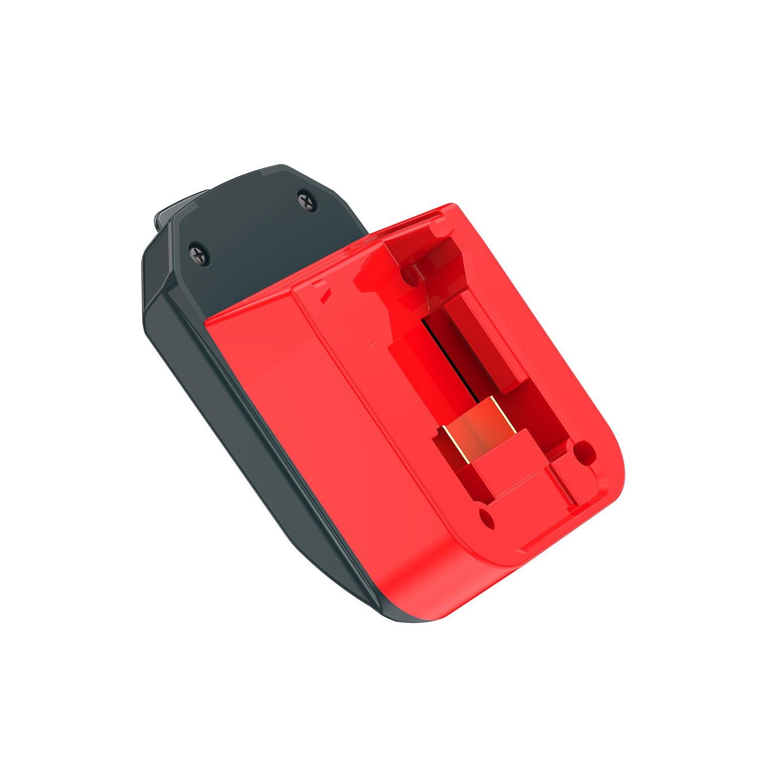Milwaukee M18 to WORX 20V PowerShare (Orange) battery adapter - battery-side connection with copper contacts, angled view
