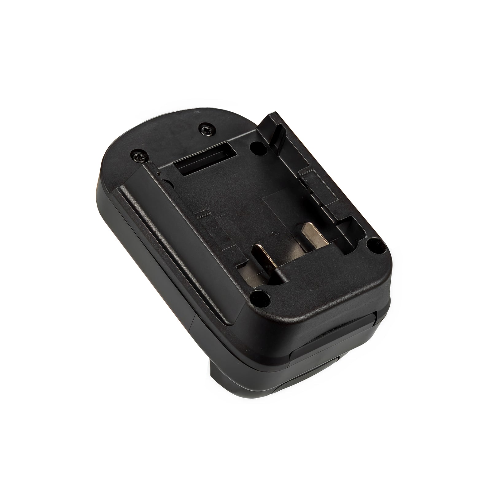 Milwaukee M18 to DeWalt 12V MAX battery adapter - battery-side connection, guide rails, terminal blades and latch slot