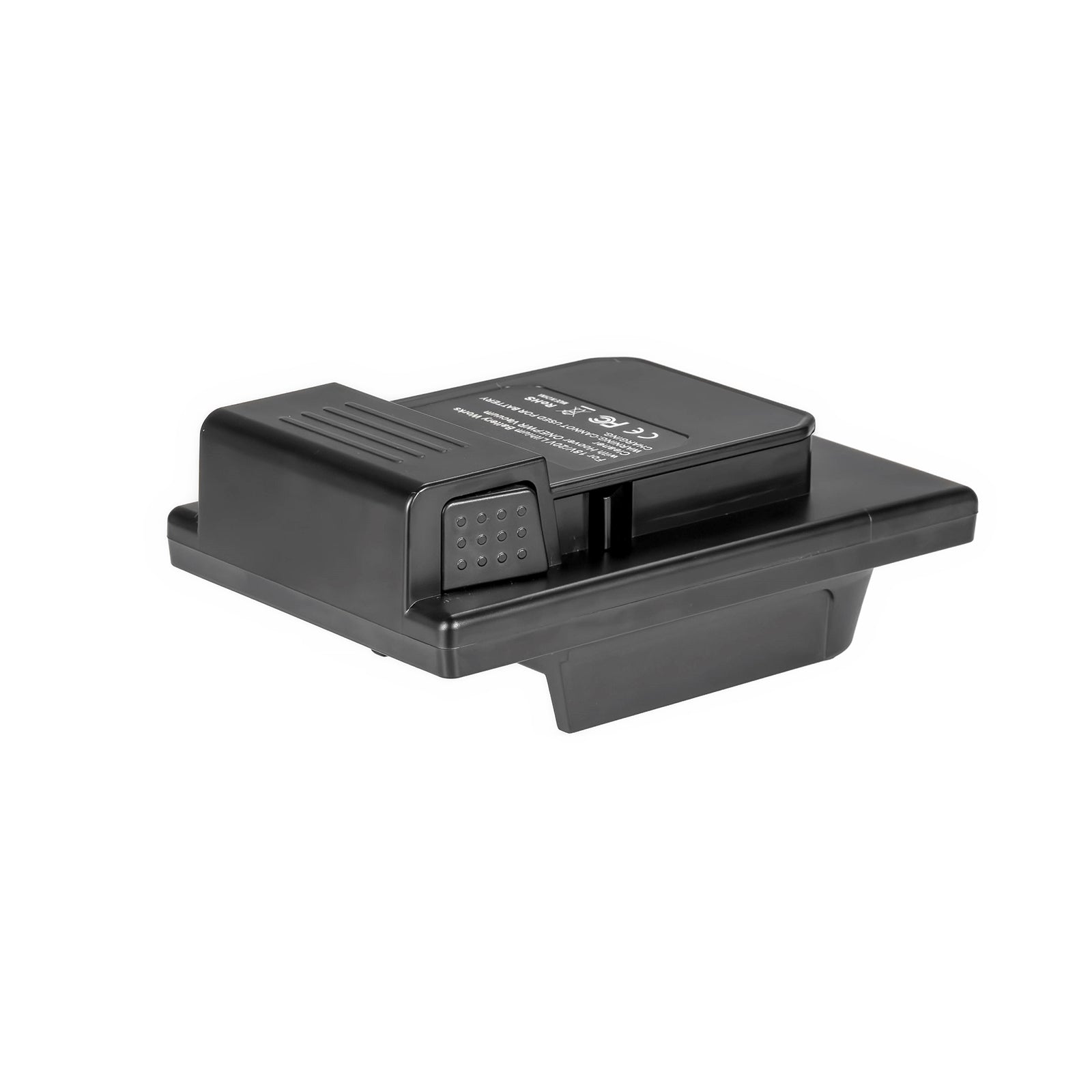 Milwaukee M18 to Hoover 20V ONEPWR battery adapter - Hoover tool-side connection with dimpled release catch and label