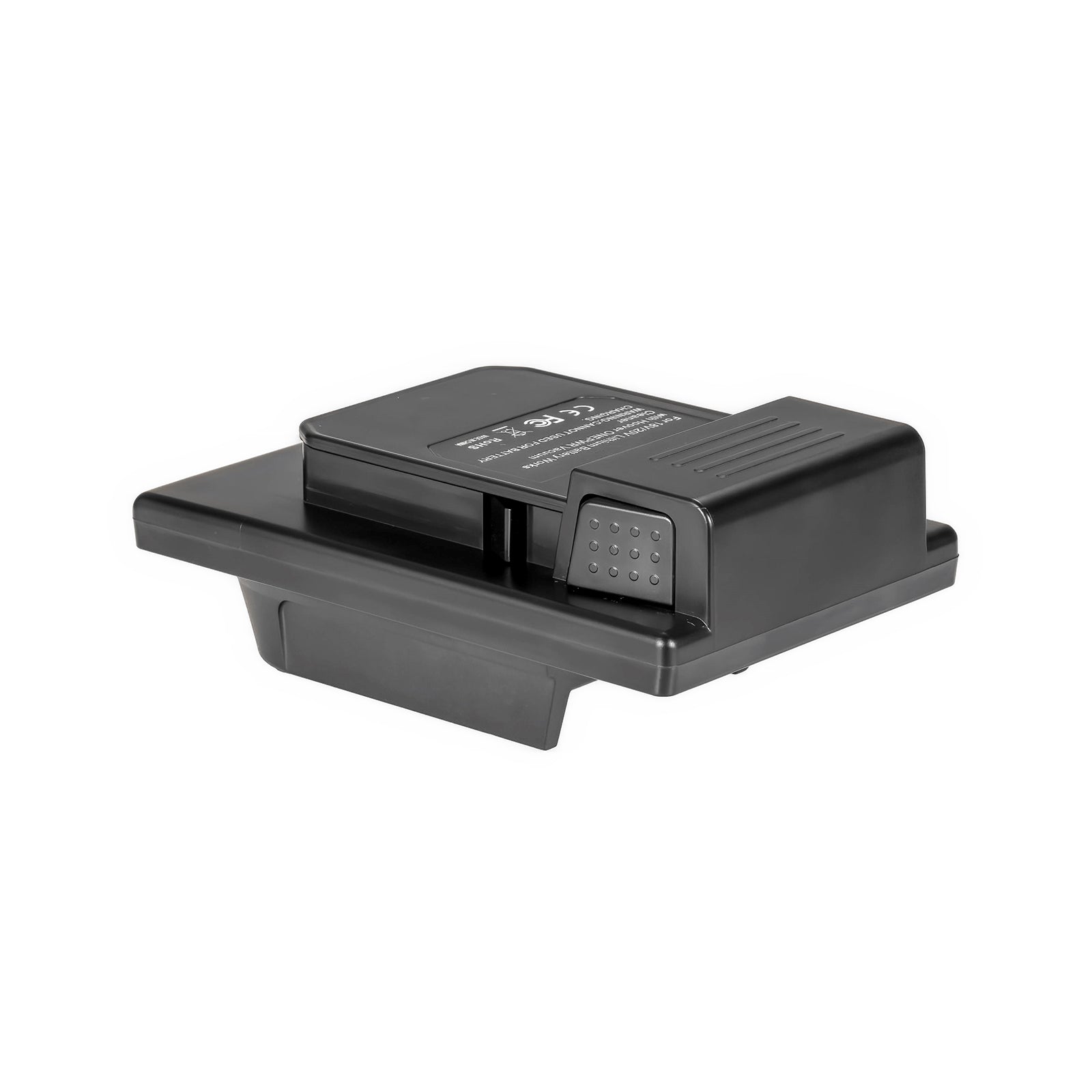 Milwaukee M18 to Hoover 20V ONEPWR battery adapter - Hoover tool-side connection with dimpled release catch and label