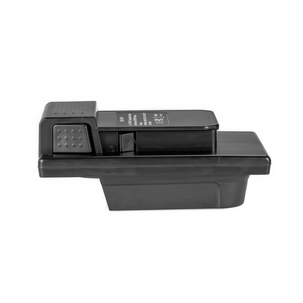 Milwaukee M18 to Hoover 20V ONEPWR battery adapter - side view showing both connections and the dimpled release catch