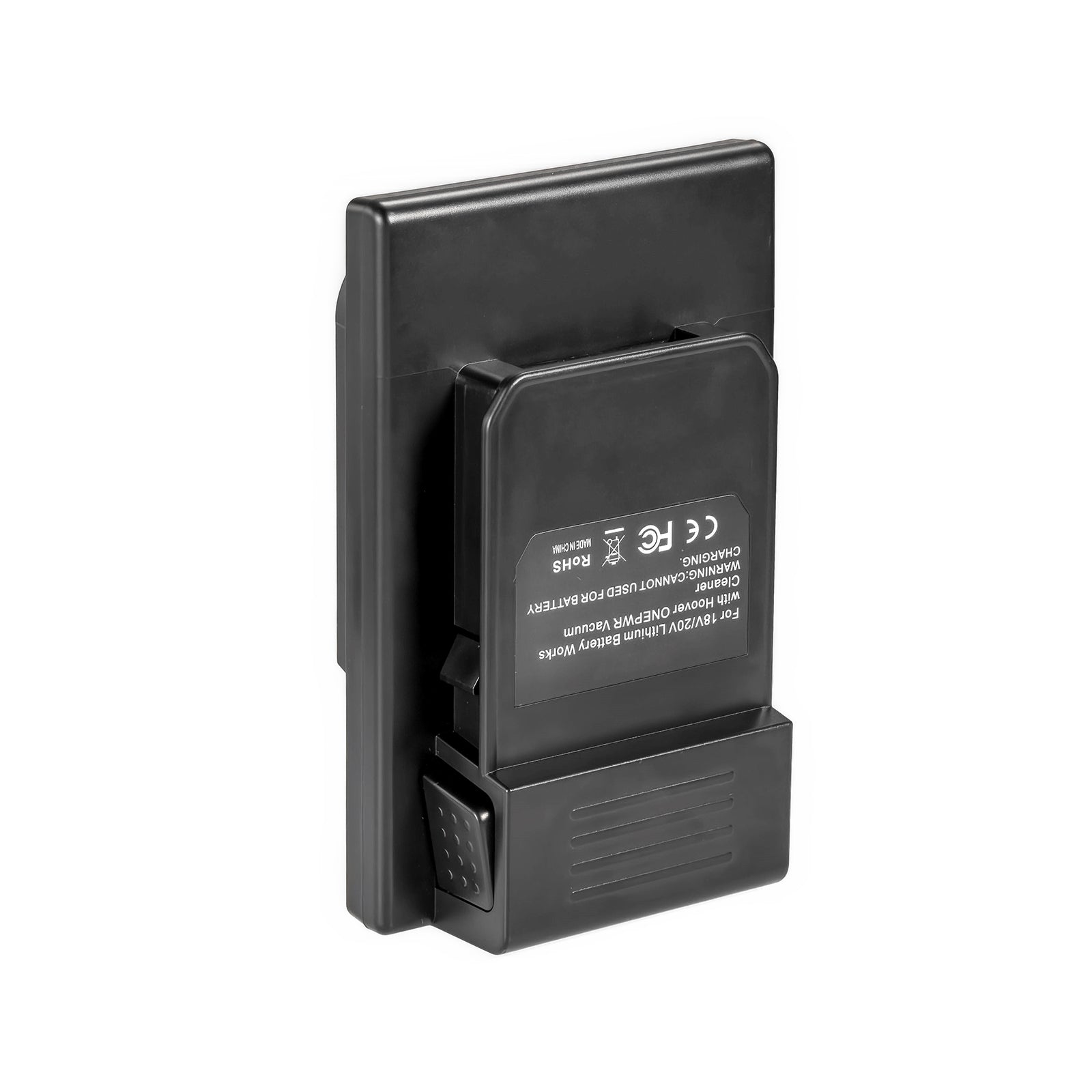 Milwaukee M18 to Hoover 20V ONEPWR battery adapter - Hoover tool-side connection end-on, printed label and release catch